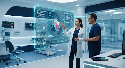 Medical professionals reviewing QSevidence AI evidence intelligence together
