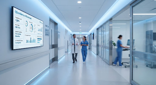 Hospital corridor representing QSevidence medical AI news and digital health updates